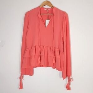 NEW TULAROSA Savannah Top in Salmon Ruffle Hem Tassel Trim Blouse Size Small
